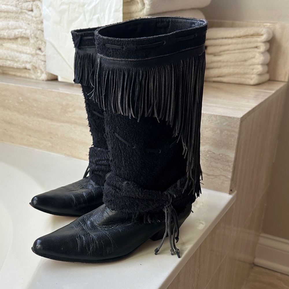 Fringed Black Leather Women's Boots